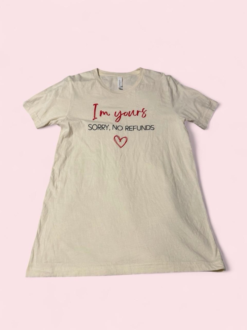 Bella Canvas Cream Tee with Red Script Heart - I’m yours - sorry no refunds